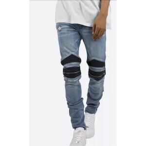 MNML Men’s Moto Biker Distressed Leather Knee Skinny Jeans Size 29x33